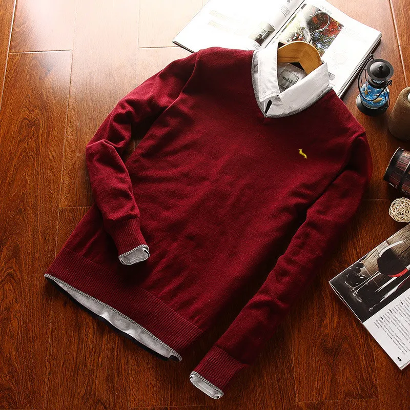 Jersey de polo con cuello en V para hombre, 100% de algodón, de manga larga, informal, mantiene el calor, primavera y otoño, novedad