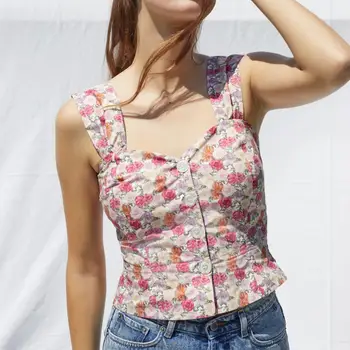 

Sweet Floral Print Womens Sling Tank Top Slim lady Single-breasted Pleated Vest Fashion Short Camis Summer 2020 New