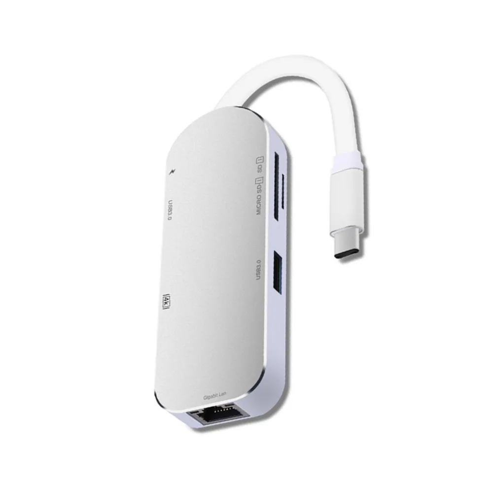 YSTC0206 тип-c к HDMI 4K+ RJ45 Gigabit LAN+ 3.0HUB+ безопасный цифровой/T-Flash кардридер+ зарядный концентратор 7 портов