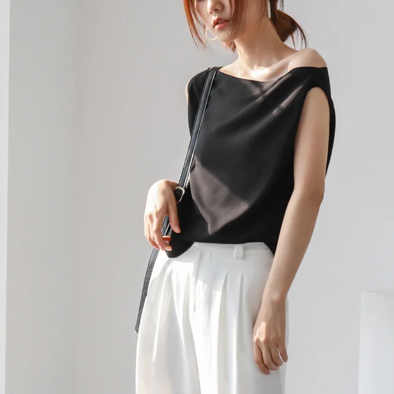 Imitation Acetate Fabric Women's Sleeveless Waistcoat with Dangling Collar New Summer 2020 Versatile V-neck Waistcoat Woman