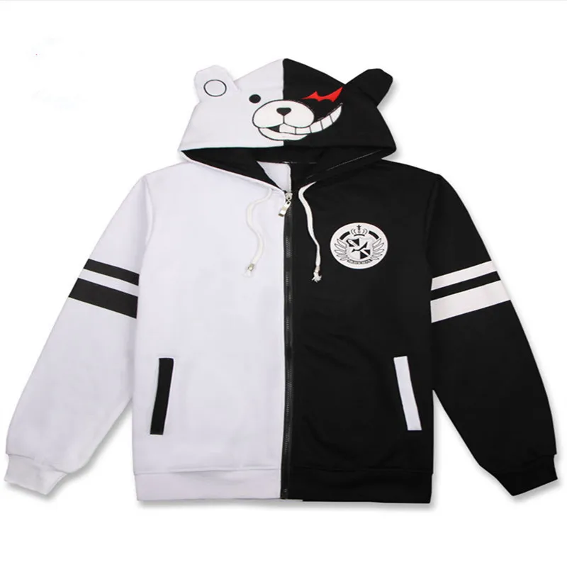 

Anime Danganronpa Monokuma Cosplay Costume Unisex Hoodie Sweatshirt Hooded Black White Bear Long Sleeve daily casual coat Jacket