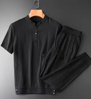 

New Stand Collar Mens Sets (T-SHIRTS+PANTS) Plus Size 4xl Luxury Wrinkle Fabric Short Sleeve Man Sets Summer Pants Mans Sets