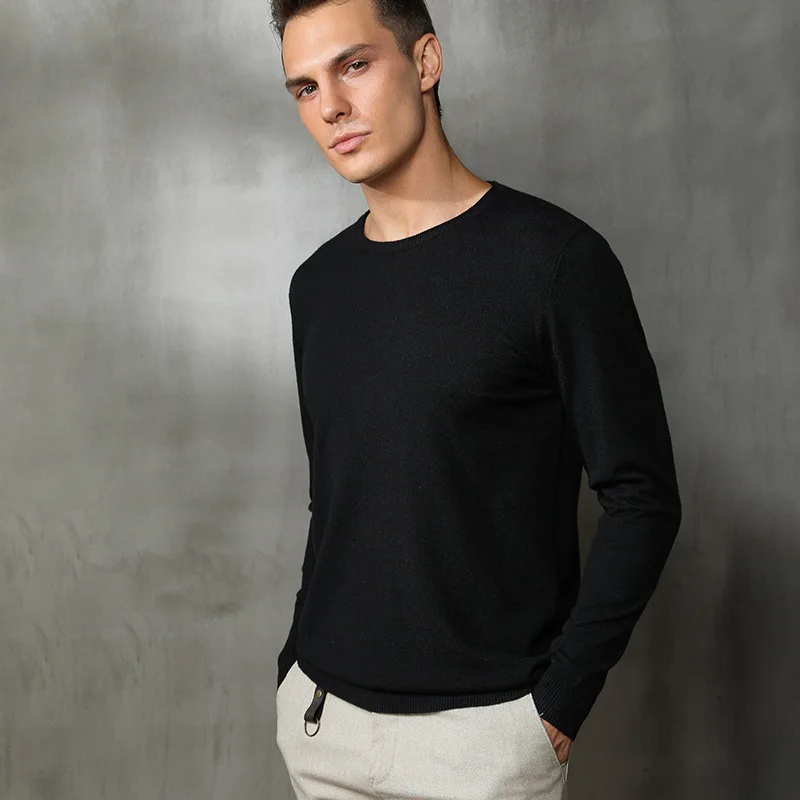 Кашемировый базовый Мужской свитер, осень, трикотажное платье-свитер, hombre pull homme hiver, однотонный пуловер, мужской тонкий вязаный свитер с круглым вырезом - Цвет: Черный