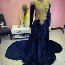 Темно-синяя африканская темнокожая Девушка длинное платье для выпускного вечера Высокое качество бархат бисером Золотая аппликация с длинным рукавом Русалка платье для выпускного вечера es