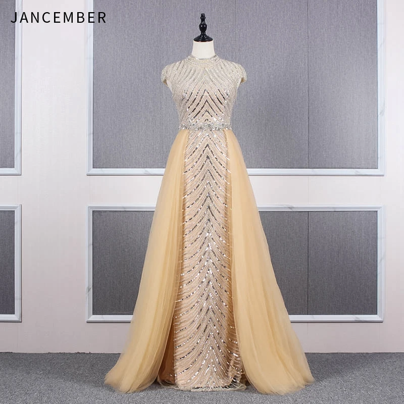 

JANCEMBER 2019 evening dress o neck cap sleeve zipper back sequins beaded crystal pattern lace vestidos de fiesta de noche new
