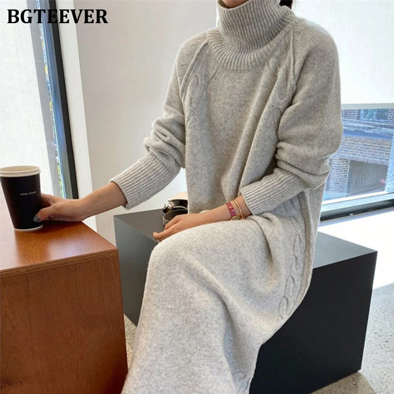 BGTEEVER Turtleneck Full Sleeve Oversized Knit Dress Female 2020 Winter Vestidos Casual Thick Twisted Women Long Sweater Dress BGTEEVER Turtleneck Full Sleeve Oversized Knit Dress Female 2020 Winter Vestidos Casual Thick Twisted Women Long Sweater Dress