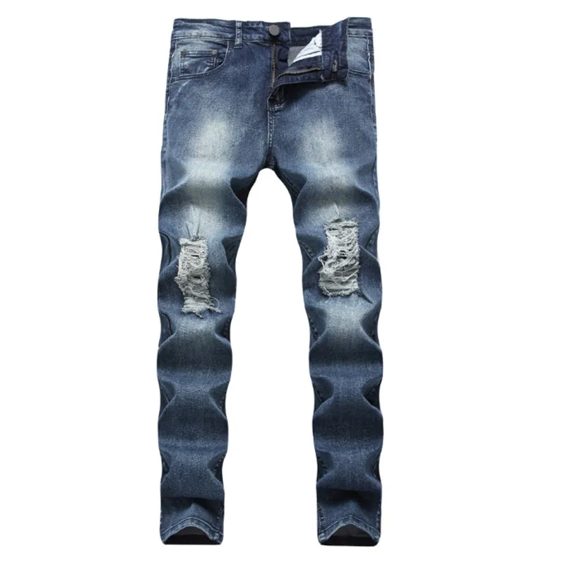 

Fashion Brand Designer Mens Ripped Jeans Pants Light Blue Slim Fit Distressed Denim Joggers Male Plus Size 42 Torn Jean Trousers