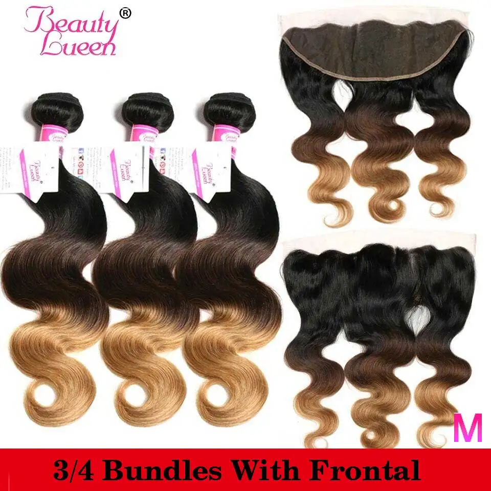 

T1B/4/27 Ombre Body Wave 3/4 Bundles With Frontal Brazilian Hair Weave Bundles With Frontal Remy Human Hair Bundle With Frontal