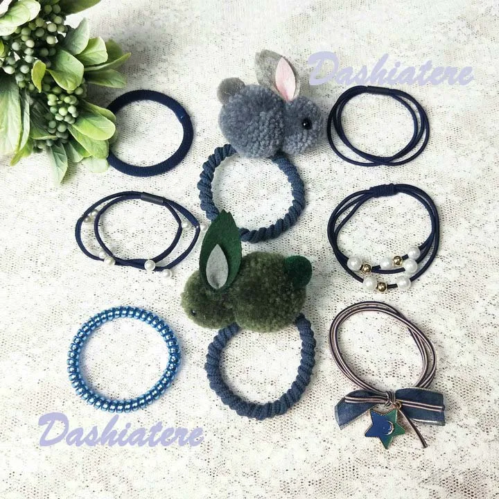 

Blue Stretch Rubber Bands for Hair Elastic Coils Rabbit Hairties Teenage Girls Accessoires Set Korean Headpiece Ponytail Holder