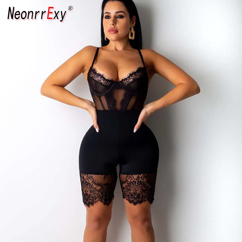 

Neonrrexy Women Black Lace Strap Skinny Rompers New Ladies Solid See Through Playsuit Transparent One Piece Jumpsuit Clubwear