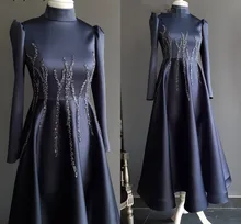 

Dubai Muslim Long Formal Evening Dress Elegant High Neck Beaded Long Sleeves Navy Blue Satin Prom Party Gowns Vestidos Feast