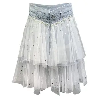 

Heavy craft beading stitching contrast color mesh denim skirt ladies 2020 spring and summer high waist fashion wild fairy skirt