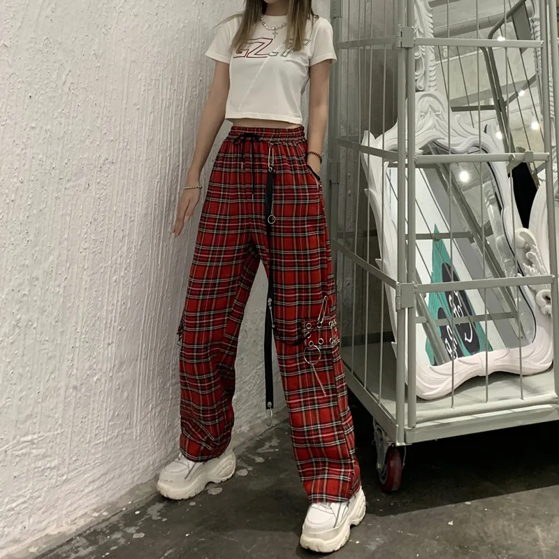 Women's Harajuku Retro Wide Leg Pants Loose High Waist Casual Punk Red Plaid Cargo Mopping Pants