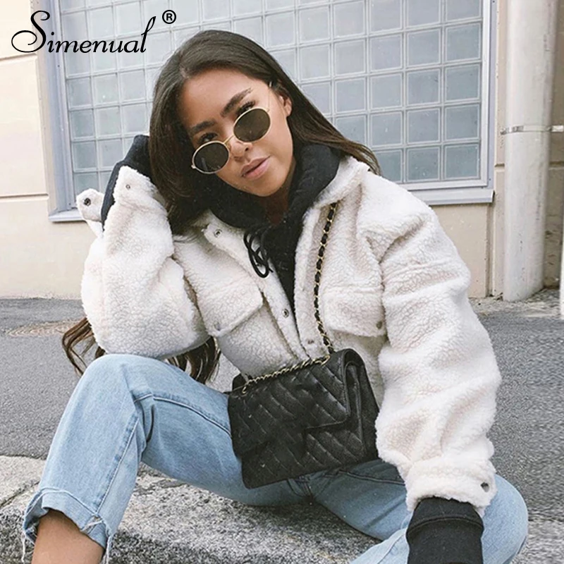

Simenual Faux Lam Lambswool Women Fleece Jackets Autumn Winter Warm Fashion 2019 Outerwear Solid Button Furry Long Sleeve Coats
