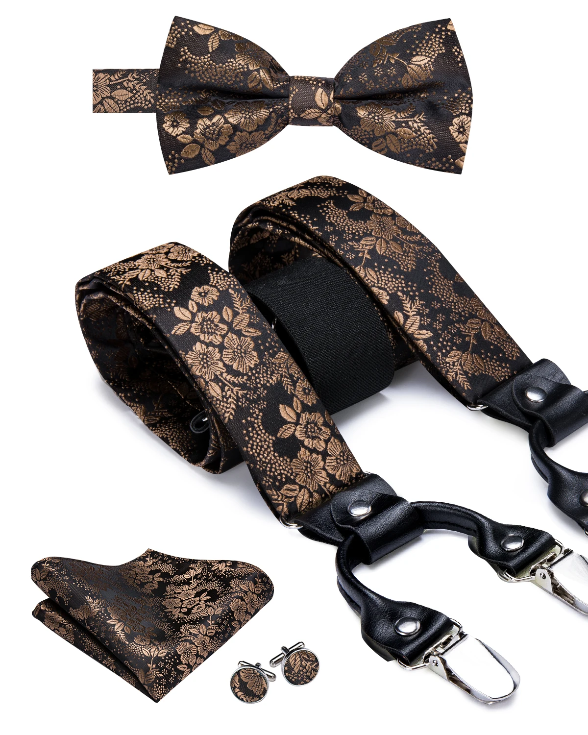 Hi-Tie Silk Adult Men's suspenders Set Leather Metal 6 Clips Braces Gold  Brown Floral Vintage Men Fashion Wedding Suspenders Men