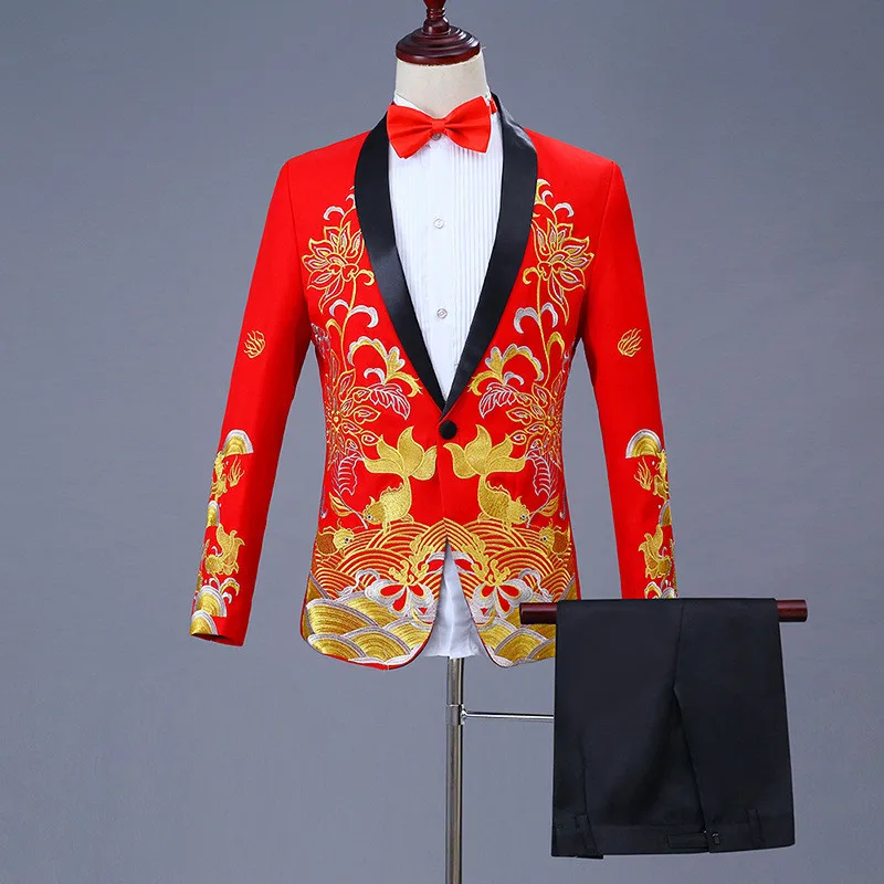 45.1      2、单扣、95、Chinese Men's Chinese Style Suits Groom Suit Costumes Single Breasted Two Piece Set Coat Pant Blue Red Black White Men Suits