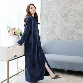 

Flannel Lady Sleepwear Robe Kimono Gown Warm Long Bathrobe Gown Casual Full Nightgown Coral Fleece Zipper Unisex Homewear