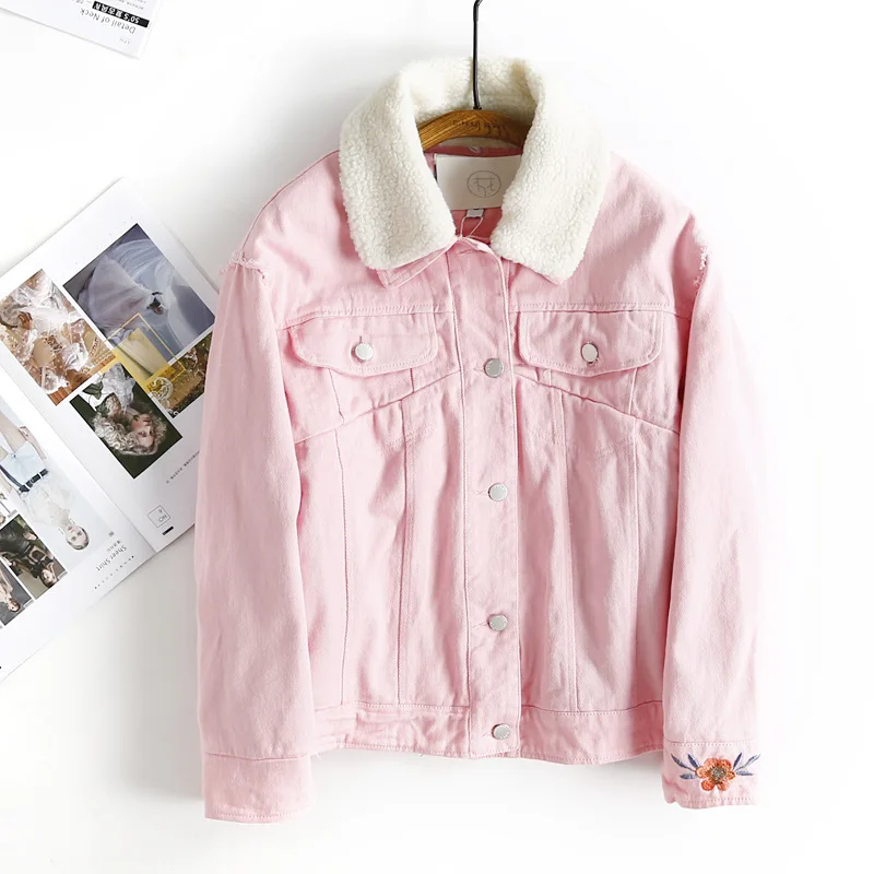 

Q911 Winter Fashion Embroidery Cotton-padded Clothes WOMEN'S Dress White Collar Clip Cotton Jeans Coat Blue Pink