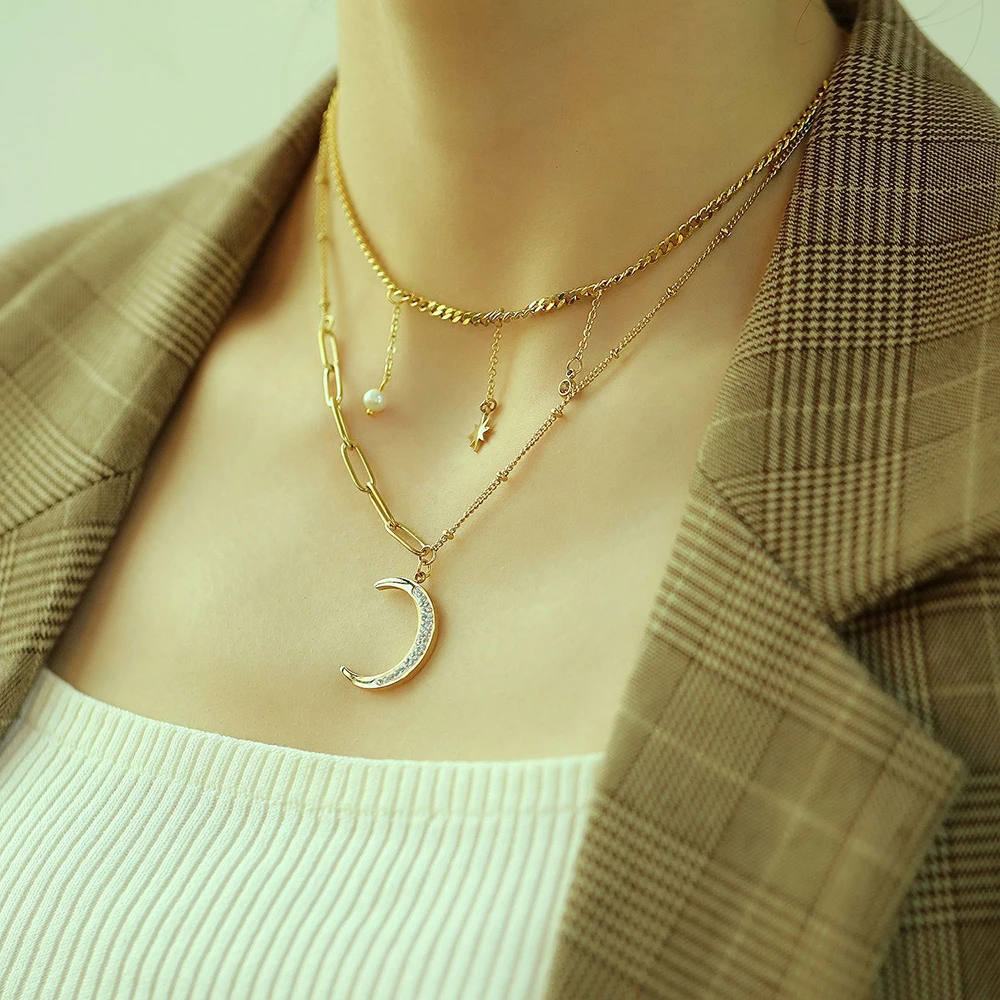 Yobest Fashion Simple Double Layer Star Moon Charm Necklace Delicate Clavicle Chain Zircon Necklace For Women Jewelry - Image 5