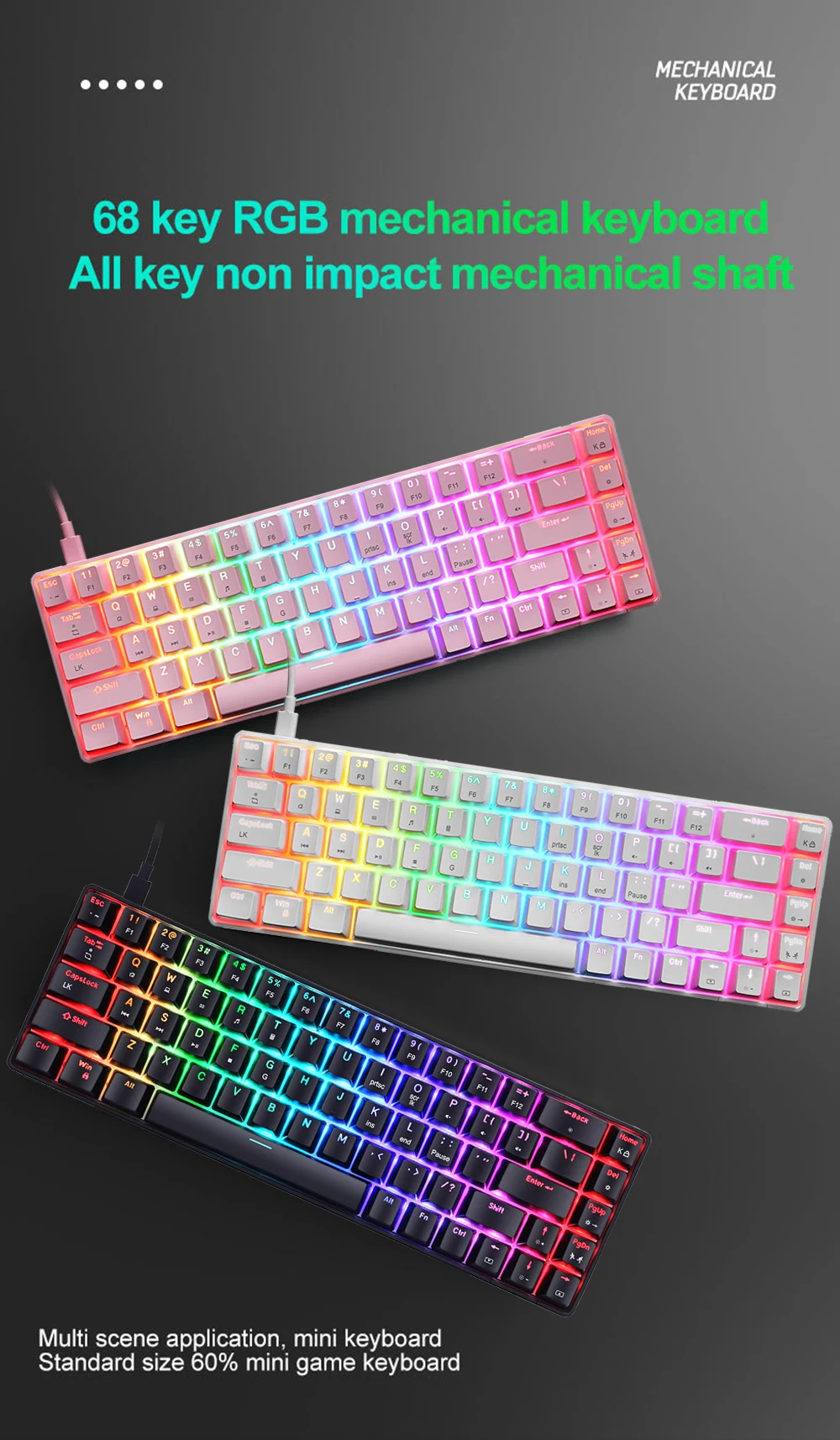 RGB Gaming Mechanical Keyboard Wired 68 Key Small Game Keyboard LED Backlight Red Blue Switch For Gamer Laptop PC Computer