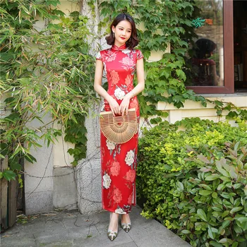 

Red Print Flower Mandarin Collar Traditional Girl Satin Qipao Short Sleeve Cheongsam Sexy Evening Party Dress Big Size 3XL