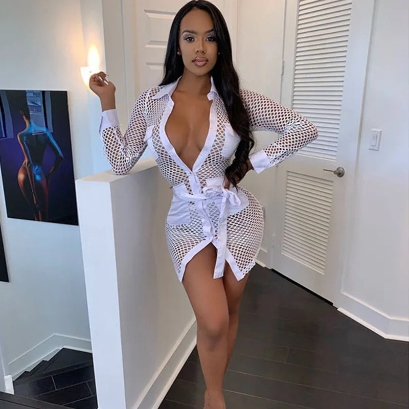 

Autumn Long Sleeve Sexy Bodycon Dress Women Turn Down Collar Button Pockets Fishnet Mini Dress Hollow out Mesh Party Club Dress