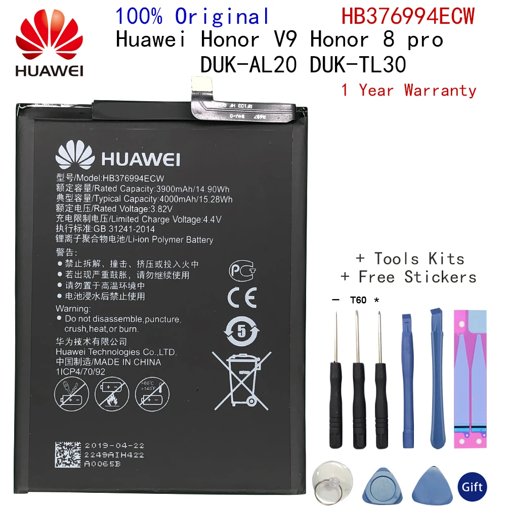 

Original Battery Huawei honor 8 Pro Battery DUK-AL20 DUK-TL30 HB376994ECW 4000mAh Full Capacity Huawei V9 Battery