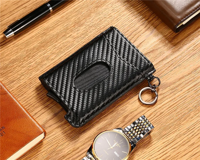 Bycobecy углеродное волокно RFID кредитный держатель для карт Anit-theft кошелек для мужчин и женщин авто всплывающий Чехол для карт кожаный держатель для ID