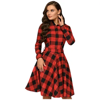 

AULEAD Fashion Dress Women Vestidos Long Sleeve Turn Down Collar Plaid Print Single Button Sashes Vintage Dress Party 50CS