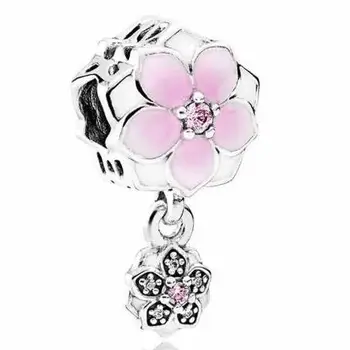 

Genuine 925 Sterling Silver Charm Enamel Magnolia Bloom Duo With Crystal Pendant Beads Fit Pandora Bracelet & Necklace Jewelry