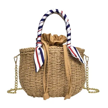 

Women's Beach Handbag Straw Shoulder Bag with Handles and Silk Ribbon Bucket Fringe Weave Shoulder Bag Beach Bag (Dark Brown)