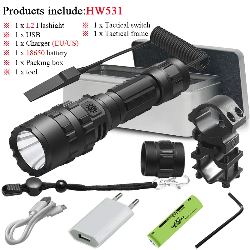 Самый мощный тактический флэш-светильник usb фонарь светильник перезаряжаемый охотничий светодиодный флэш-светильник cree xml l2 ручная лампа - Испускаемый цвет: GHW531F1-BOX