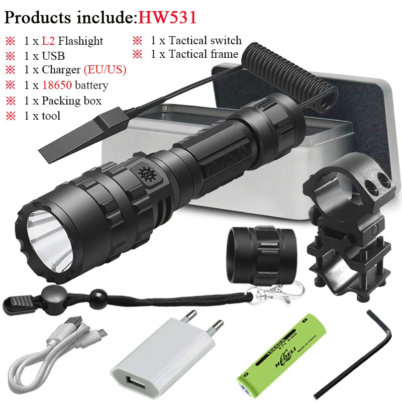 GHW531F1-BOX Самый мощный тактический флэш-светильник usb фонарь светильник перезаряжаемый охотничий светодиодный флэш-светильник cree xml l2 ручная лампа - Испускаемый цвет: GHW531F1-BOX