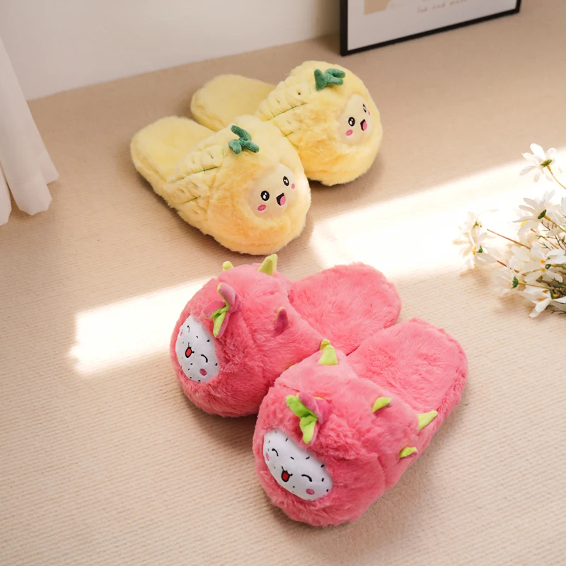 Pantofole Da Donna Calde Invernali Da Donna Kawaii Pink Dragon Fruit Yellow Pineapple Indoor Woman Comfort Scarpe Da Donna