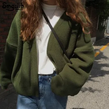 

2019 Winter Women sweaters fashion Army green Korean v-neck Knitting Cardigans Casual office lady Open Stitch long loose Tops