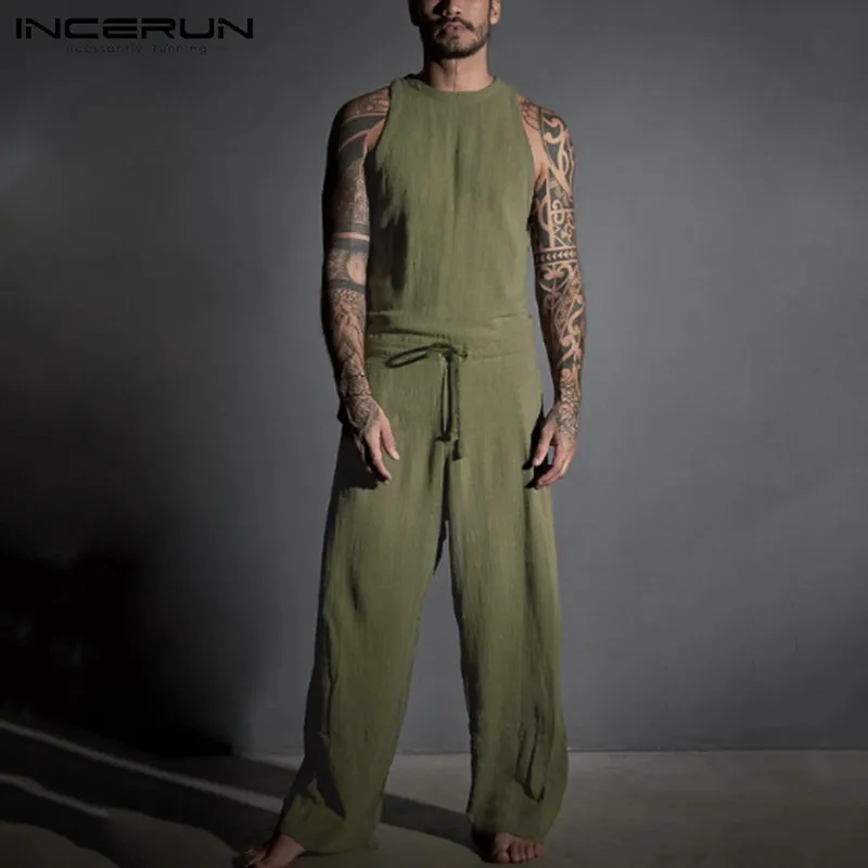 Men Jumpsuit Overalls Zipper-Pants Drawstring Joggers INCERUN Vintage Rompers Cotton
