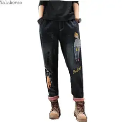 2019 толстые новые стильные потертые джинсы женские осенние и зимние Бархатные брюки с вышивкой Женские брюки с эластичным поясом Z3