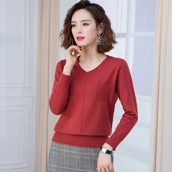 

Spring and autumn new ladies V-neck solid color slim long-sleeved sweater