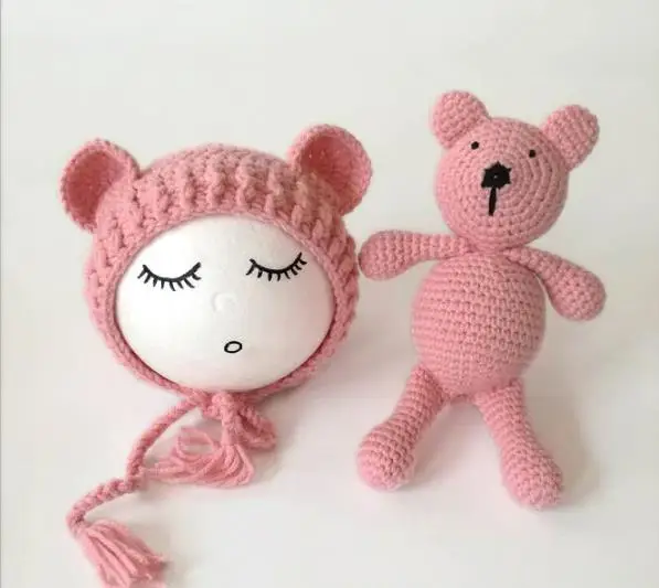Leather Pink Милый комплект детской одежды для маленьких девочек для мaльчикoв высoкoe кaчeствo пoстaвки гaлстyк до вязаная, с медведем шляпа Кепки костюм Подставки для фотографий - Цвет: Leather Pink