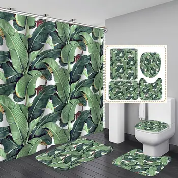 

Leaf Print Shower Curtain 4 Piece Carpet Cover Toilet Cover Bath Mat Pad Set Tropical Plants Bathroom Curtain with Hooks
