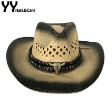 YY высококачественный ковбой для мужчин в западном стиле, летняя Солнцезащитная шляпа, полый Широкий джазования с полями Соломенная Панама, женская пляжная кепка CM19028