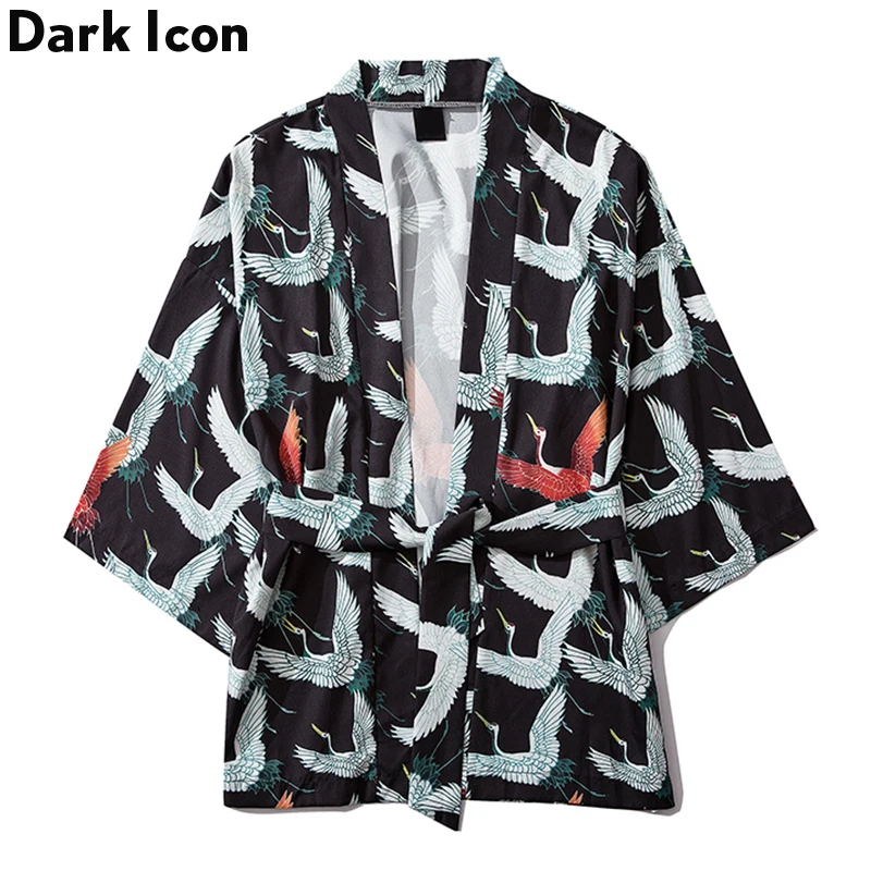 Dark Icon Full Crane Printing Japan Style Men’s Jacket With Belt 2019 Summer Thin Cardigan Kimono Streetwear | Мужская одежда
