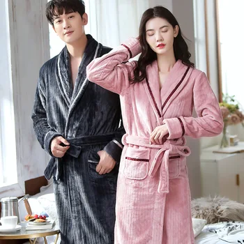 

Lovers Couple Thicken Warm Winter Bathrobe Men Long Sleeve Kimono Bath Robe Male Dressing Gown for Mens Flannel Robes Sleepwear