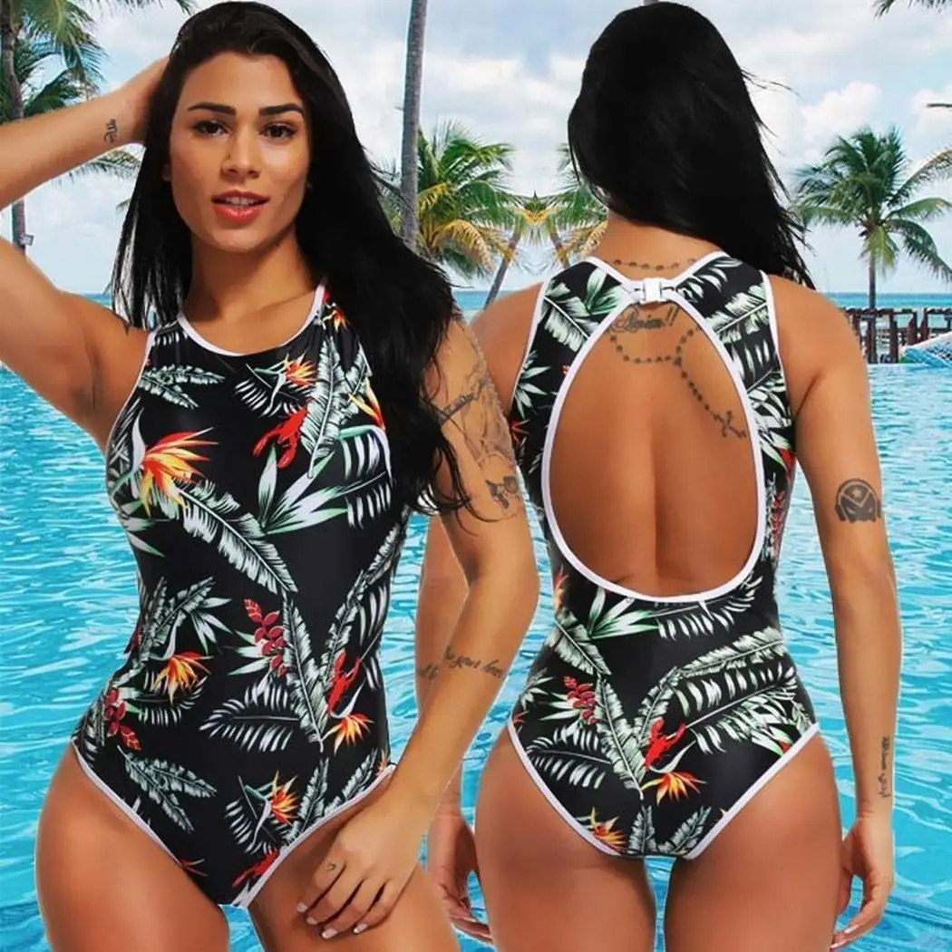 

Women Summer Bathing Suits Printing O Neck Wire Free None One Slim Casual, Pool, Beach Piece Padded Swimsuits