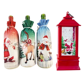 

4 Pcs Christmas Decorations: 3Pcs Christmas Wine Bottle Dress Wine Bottle Cover Wine Coat & 1 Pcs Candlestick Pendant Christmas
