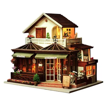 Large Coffee Wooden Doll House Manual Assembling Model Toys Diy Wooden Hut House With Led Light Music Small Tools Birthday Gift 1