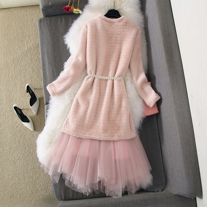 ALPHALMODA,, мохер, длинный свитер+ газовая юбка, Женский костюм принцессы, жемчужный пояс, Раздельный наряд, Женский Зимний милый комплект из 2 предметов