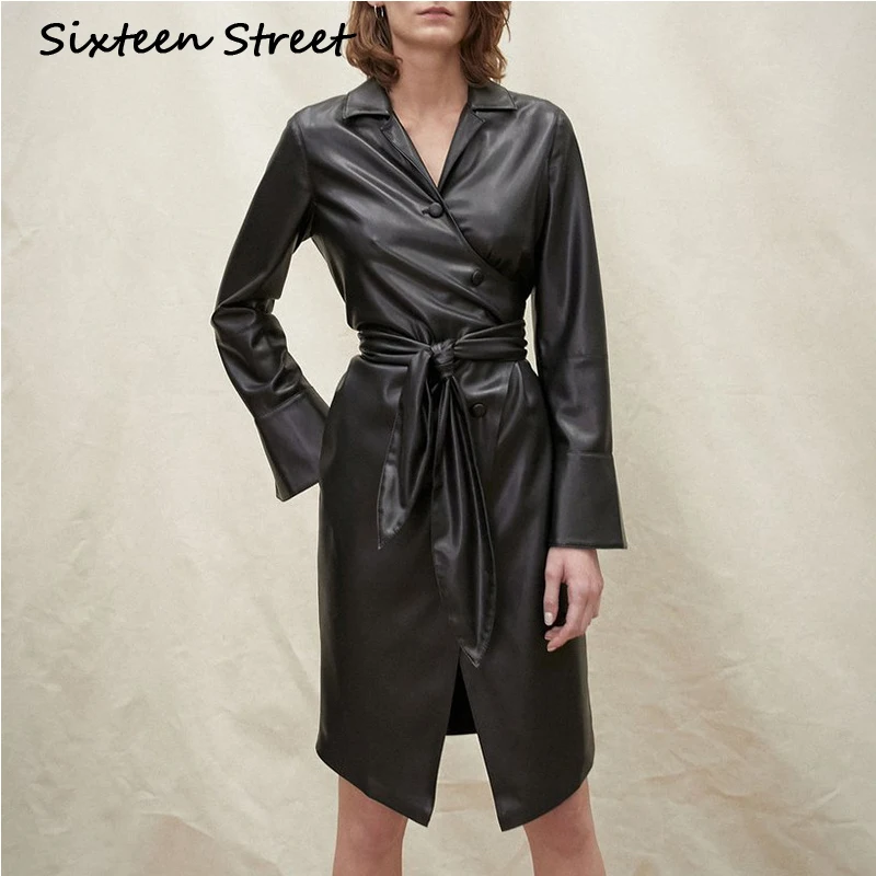 Длинное пальто из искусственной кожи, женская черная куртка с длинными рукавами и поясом, Осень-зима, пуховик