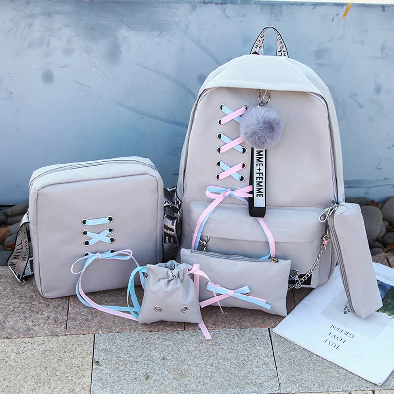 Student bag summer bow five piece set high school student bag Korean version large capacity Middle School Student Backpack