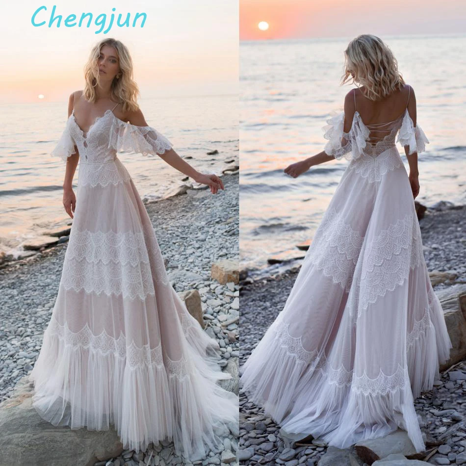 Chengjun сексуальное кружевное богемное свадебное платье с v-образным вырезом и открытой спиной цвета слоновой кости розовые пляжные свадебные платья